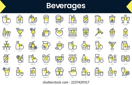 Set of thin line beverages Icons. Line art icon with Yellow shadow. Vector illustration