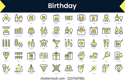 Juego de iconos de cumpleaños de línea delgada. Icono de línea de arte con sombra amarilla. Ilustración del vector