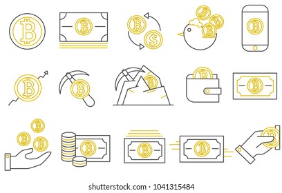 Set thin line bitcoin icon on black-gold color. Bitcoin, money, phone, cash, payment.