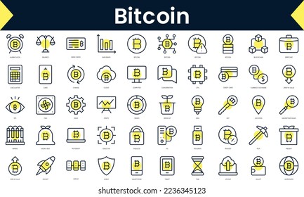 Set of thin line bitcoin Icons. Line art icon with Yellow shadow. Vector illustration