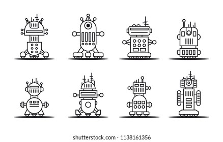 Set of thin line black and white robot icons isolated on white background
