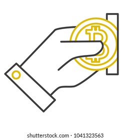Set thin line black-gold Bitcoin style. Money, phone, pickaxe, charity, wallet, and more for the currency.