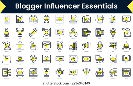 Set von dünnen Linie Blogger beeinflussen Icons. Line Art Symbol mit gelbem Schatten. Vektorgrafik