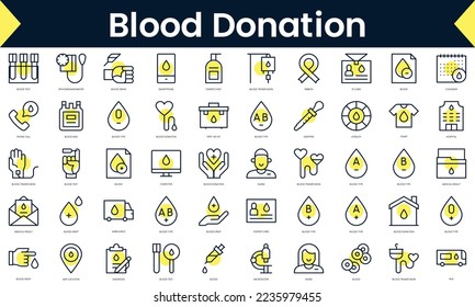 Grupo de íconos de donación de sangre en línea delgada. Icono de línea de arte con sombra amarilla. Ilustración del vector