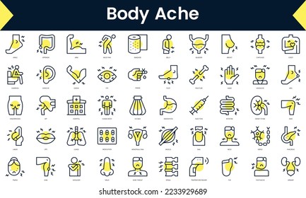 Set of thin line body ache Icons. Line art icon with Yellow shadow. Vector illustration