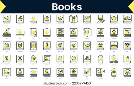 Set of thin line books Icons. Line art icon with Yellow shadow. Vector illustration