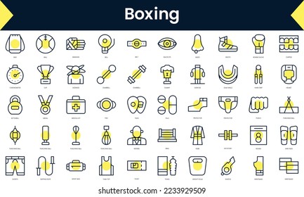 Set of thin line boxing Icons. Line art icon with Yellow shadow. Vector illustration