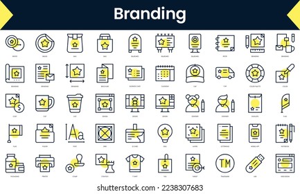 Set of thin line branding Icons. Line art icon with Yellow shadow. Vector illustration