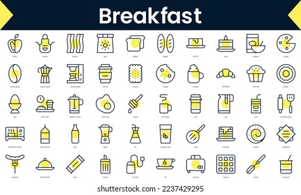 Desayuno en línea delgada Icons. Icono de línea de arte con sombra amarilla. Ilustración del vector