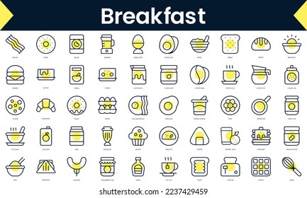 Desayuno en línea delgada Icons. Icono de línea de arte con sombra amarilla. Ilustración del vector