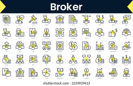 Set of thin line broker Icons. Line art icon with Yellow shadow. Vector illustration