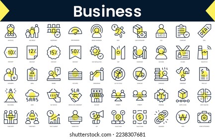 Set of thin line business Icons. Line art icon with Yellow shadow. Vector illustration