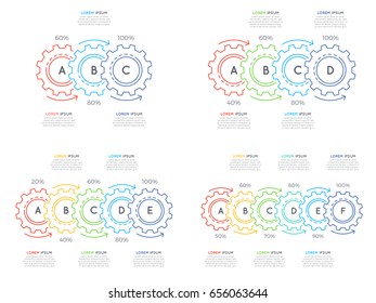 Set of thin line business infographic templates with gears cogwheels 3-6 steps, processes, parts, options. Editable stoke. Vector illustration.