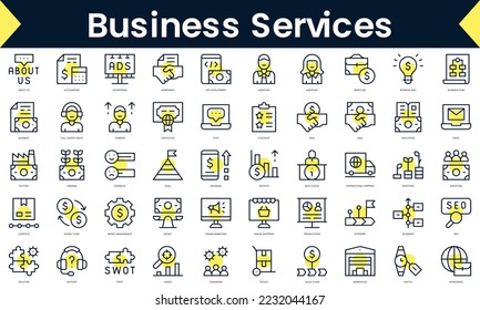 Set of thin line business services Icons. Line art icon with Yellow shadow. Vector illustration