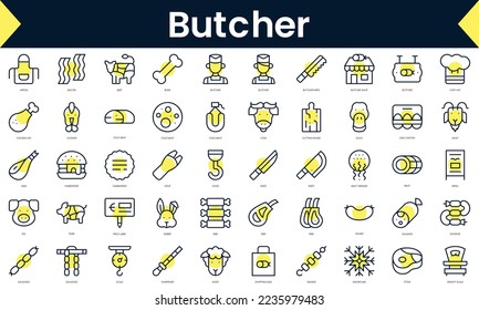 Set of thin line butcher Icons. Line art icon with Yellow shadow. Vector illustration