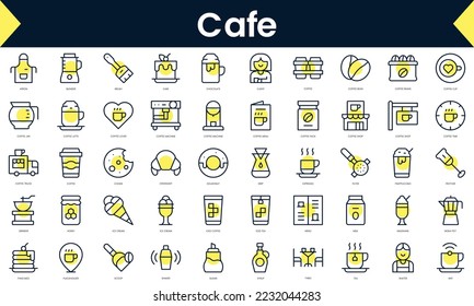 Set von dünnen Linie Cafe Icons. Line Art Symbol mit gelbem Schatten. Vektorgrafik