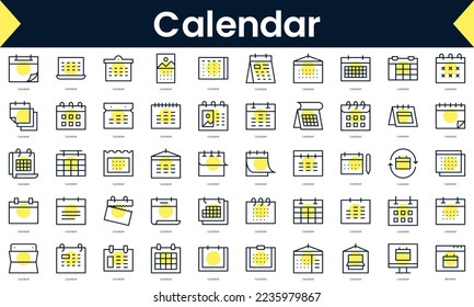 Set of thin line calendar Icons. Line art icon with Yellow shadow. Vector illustration