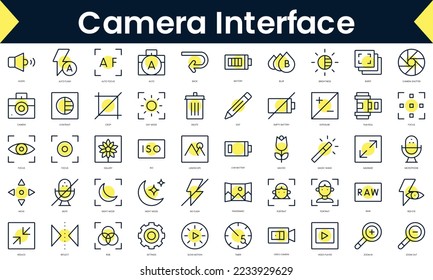Set of thin line camera interface Icons. Line art icon with Yellow shadow. Vector illustration