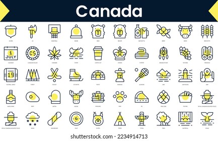 Set of thin line canada Icons. Line art icon with Yellow shadow. Vector illustration