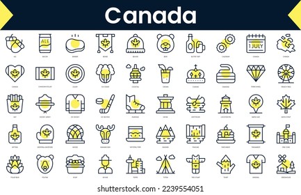 Juego de hilos canadés de línea delgada. Icono de línea de arte con sombra amarilla. Ilustración del vector