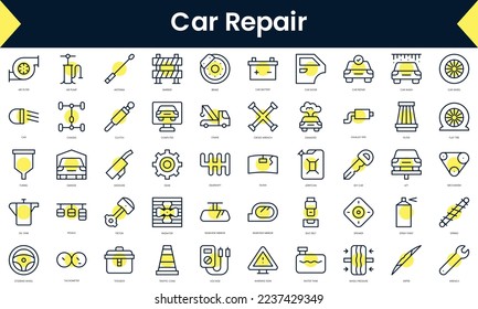 Set of thin line car repair Icons. Line art icon with Yellow shadow. Vector illustration