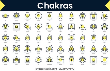 Set of thin line chakras Icons. Line art icon with Yellow shadow. Vector illustration