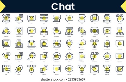 Juego de iconos de chat de línea delgada. Icono de línea de arte con sombra amarilla. Ilustración del vector