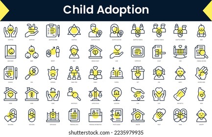 Set of thin line child adoption Icons. Line art icon with Yellow shadow. Vector illustration
