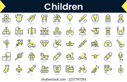 Set of thin line children Icons. Line art icon with Yellow shadow. Vector illustration