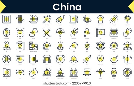 Set of thin line china Icons. Line art icon with Yellow shadow. Vector illustration