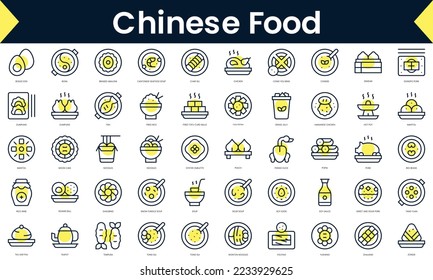 Set of thin line chinese food Icons. Line art icon with Yellow shadow. Vector illustration