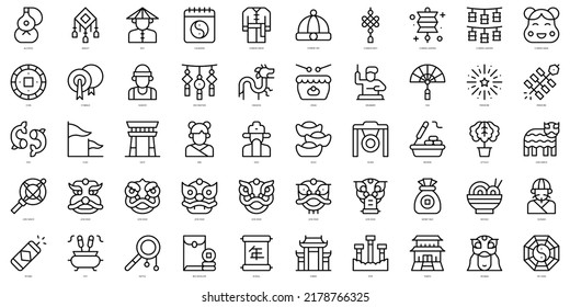 Set of thin line chinese lion dance Icons. Vector illustration