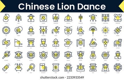 Set of thin line chinese lion dance Icons. Line art icon with Yellow shadow. Vector illustration