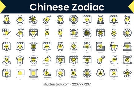 Set of thin line chinese zodiac Icons. Line art icon with Yellow shadow. Vector illustration