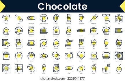 Set of thin line chocolate Icons. Line art icon with Yellow shadow. Vector illustration
