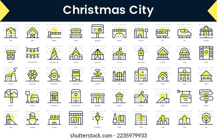 Conjunto de floridas navidades Icons. Icono de línea de arte con sombra amarilla. Ilustración del vector