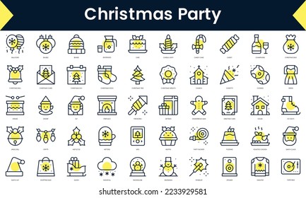 Set of thin line christmas party Icons. Line art icon with Yellow shadow. Vector illustration