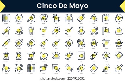 Set of thin line cinco de mayo Icons. Line art icon with Yellow shadow. Vector illustration