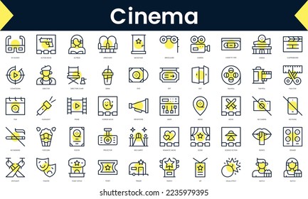 Set of thin line cinema Icons. Line art icon with Yellow shadow. Vector illustration
