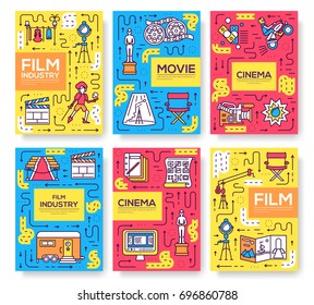 Set of thin line cinema vacation pattern concept. Art traditional, magazine, book, poster, abstract, banners, element. Vector outline package greeting card or invitation design background