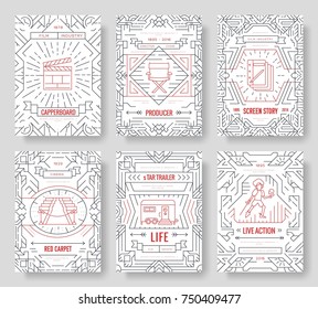 Set of thin line cinema vacation pattern concept. Art traditional, magazine, book, poster, abstract, banners, element. Vector outline package greeting card or invitation design background