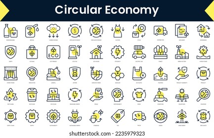 Set of thin line circular economy Icons. Line art icon with Yellow shadow. Vector illustration