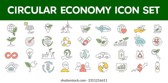 Conjunto de economía circular de línea delgada Conjunto de iconos. crecimiento financiero, ciudad verde, desperdicio, cero neto, economía verde, política verde, consumo global. Ilustración de vectores para cuestiones ambientales.