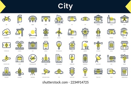 Set of thin line city Icons. Line art icon with Yellow shadow. Vector illustration