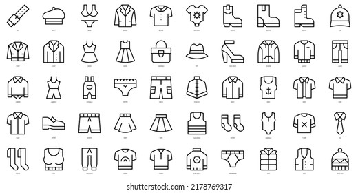 Set de ropa de línea delgada Iconos. Ilustración del vector