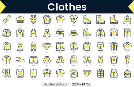 Set of thin line clothes Icons. Line art icon with Yellow shadow. Vector illustration