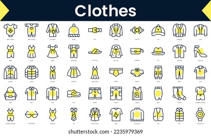 Set of thin line clothes Icons. Line art icon with Yellow shadow. Vector illustration