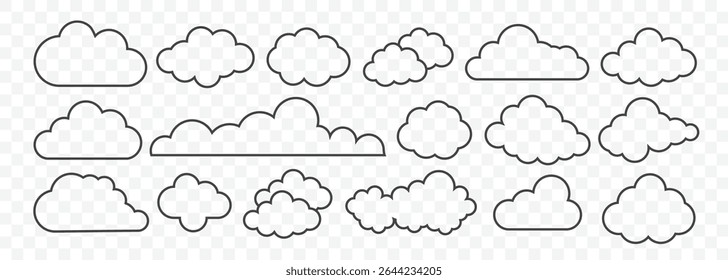 Conjunto de ícones de nuvem de linha fina.Nuvens de desenho animado de forma diferente no fundo transparente.Cute fofo, coleção de nuvens borbulhante.Formas de nuvem variam, oferecendo diversos designs de nuvem.Ilustração vetor.
