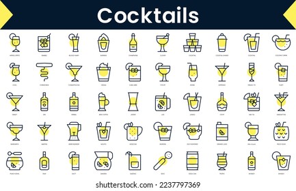 Set of thin line cocktails Icons. Line art icon with Yellow shadow. Vector illustration