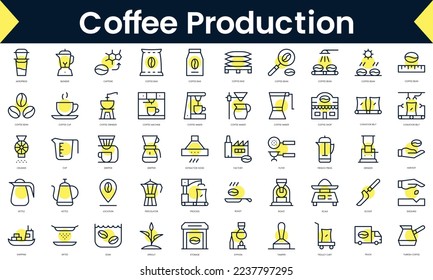 Set of thin line coffee production Icons. Line art icon with Yellow shadow. Vector illustration